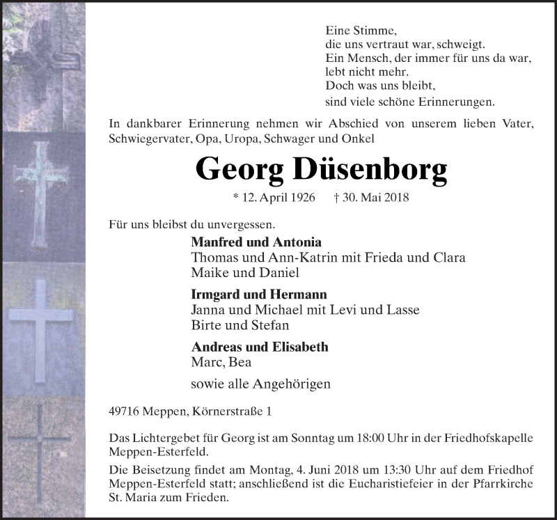  Traueranzeige für Georg Düsenborg vom 01.06.2018 aus Neue Osnabrücker Zeitung GmbH & Co. KG