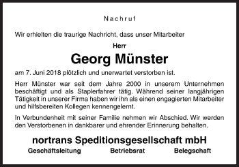 Traueranzeige von Georg Münster von Neue Osnabrücker Zeitung GmbH & Co. KG