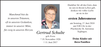 Traueranzeige von Gertrud Schulte von Neue Osnabrücker Zeitung GmbH & Co. KG