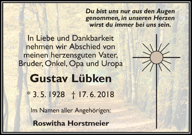  Traueranzeige für Gustav Lübken vom 22.06.2018 aus Neue Osnabrücker Zeitung GmbH & Co. KG