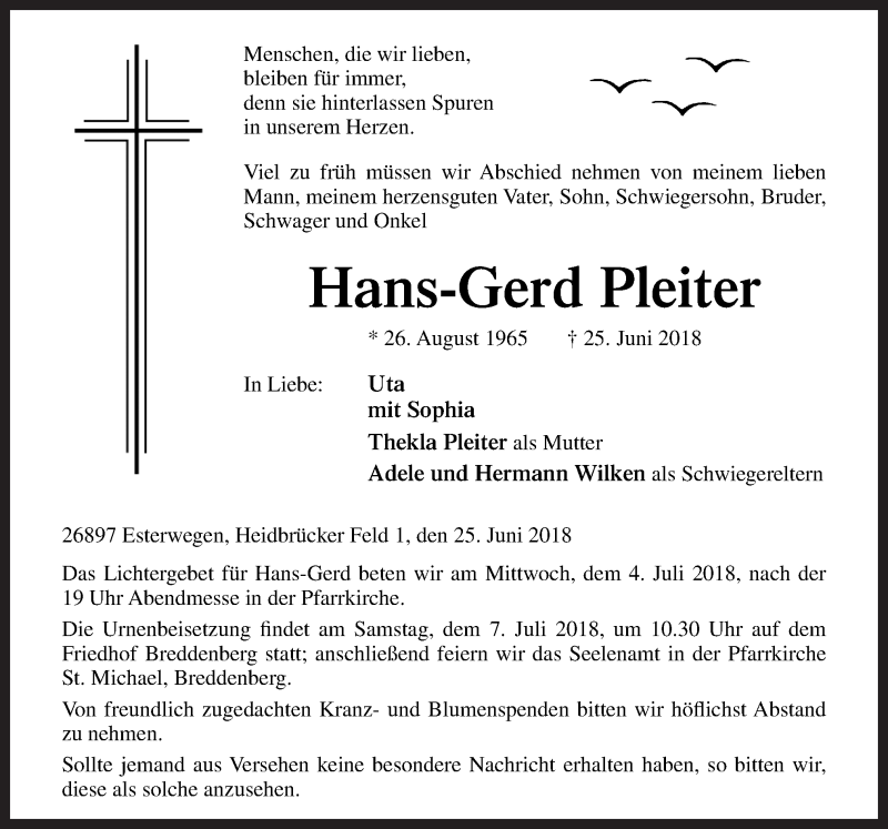  Traueranzeige für Hans-Gerd Pleiter vom 30.06.2018 aus Neue Osnabrücker Zeitung GmbH & Co. KG