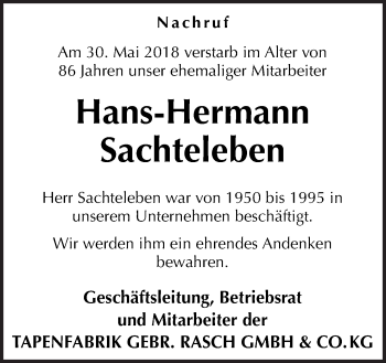 Traueranzeige von Hans-Hermann Sachteleben von Neue Osnabrücker Zeitung GmbH & Co. KG