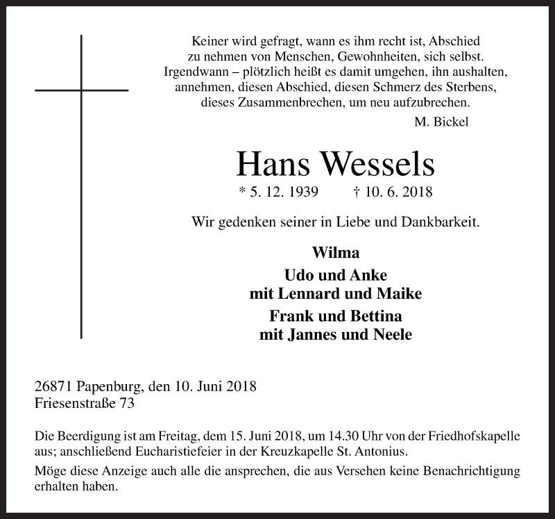  Traueranzeige für Hans Wessels vom 12.06.2018 aus Neue Osnabrücker Zeitung GmbH & Co. KG