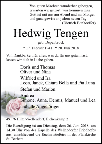 Traueranzeige von Hedwig Tengen von Neue Osnabrücker Zeitung GmbH & Co. KG