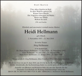 Traueranzeige von Heidi Hellmann von Neue Osnabrücker Zeitung GmbH & Co. KG