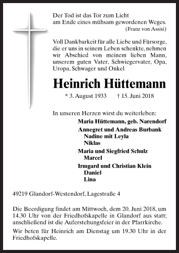 Traueranzeige von Heinrich Hüttemann von Neue Osnabrücker Zeitung GmbH & Co. KG