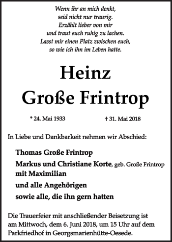 Traueranzeige von Heinz Große Frintrop von Neue Osnabrücker Zeitung GmbH & Co. KG