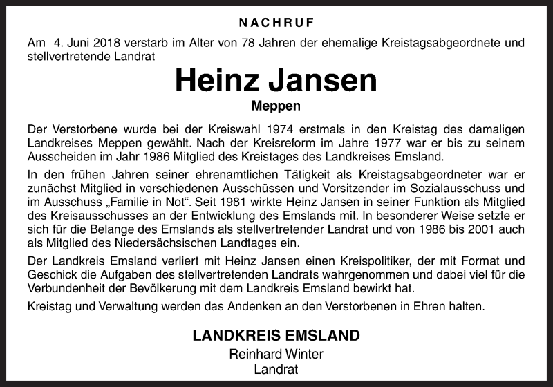  Traueranzeige für Heinz Jansen vom 09.06.2018 aus Neue Osnabrücker Zeitung GmbH & Co. KG