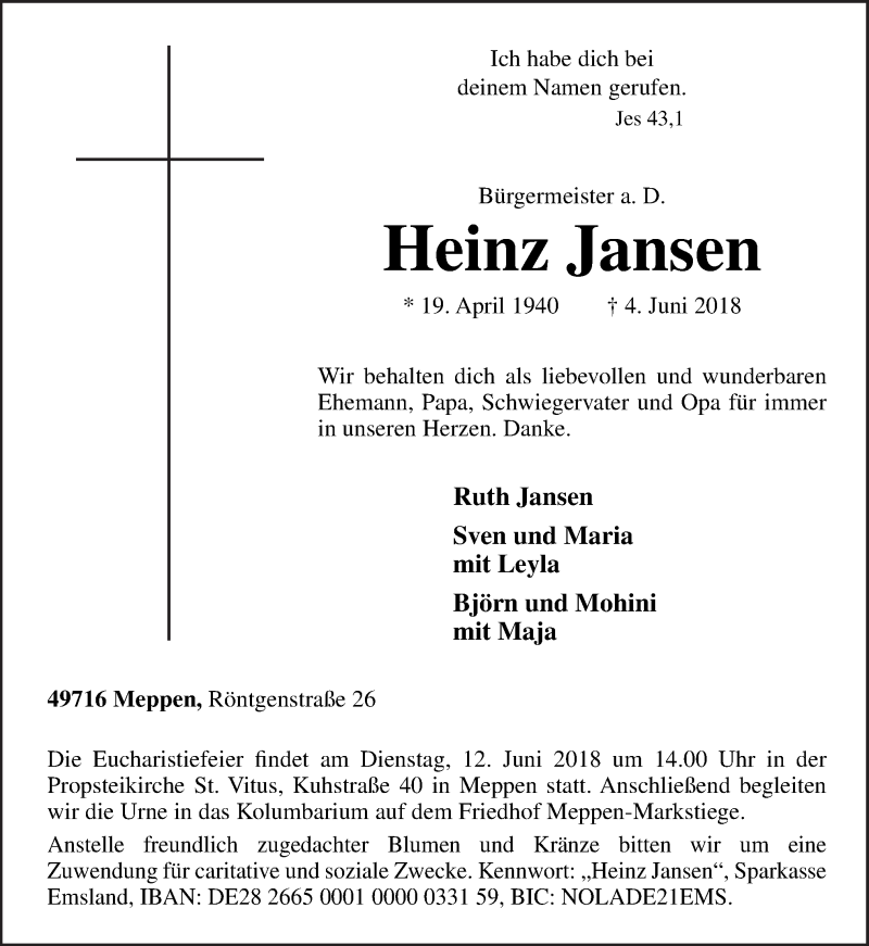  Traueranzeige für Heinz Jansen vom 08.06.2018 aus Neue Osnabrücker Zeitung GmbH & Co. KG