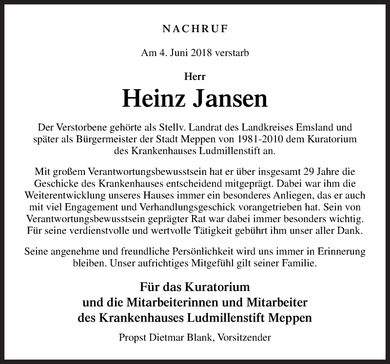  Traueranzeige für Heinz Jansen vom 09.06.2018 aus Neue Osnabrücker Zeitung GmbH & Co. KG