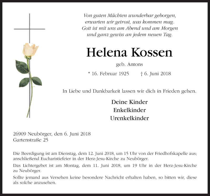  Traueranzeige für Helena Kossen vom 08.06.2018 aus Neue Osnabrücker Zeitung GmbH & Co. KG