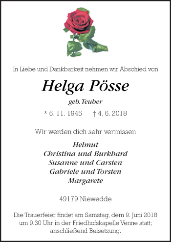 Traueranzeige von Helga Pösse von Neue Osnabrücker Zeitung GmbH & Co. KG