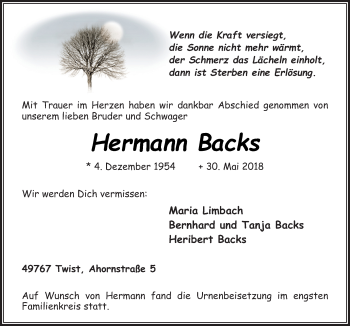 Traueranzeige von Hermann Backs von Neue Osnabrücker Zeitung GmbH & Co. KG