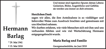 Traueranzeige von Hermann Barlag von Neue Osnabrücker Zeitung GmbH & Co. KG