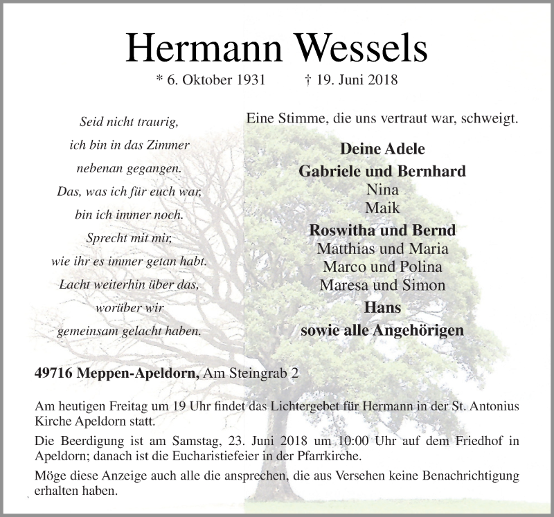  Traueranzeige für Hermann Wessels vom 22.06.2018 aus Neue Osnabrücker Zeitung GmbH & Co. KG