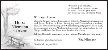 Traueranzeige von Horst Niemann von Neue Osnabrücker Zeitung GmbH & Co. KG