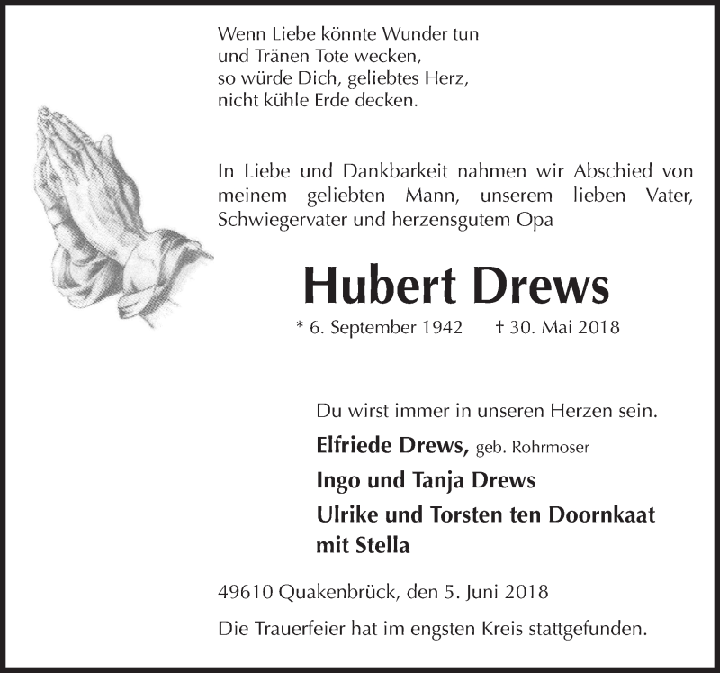  Traueranzeige für Hubert Drews vom 06.06.2018 aus Neue Osnabrücker Zeitung GmbH & Co. KG