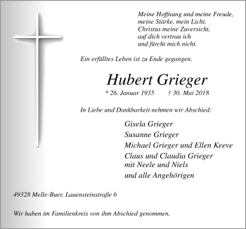 Traueranzeige von Hubert Grieger von Neue Osnabrücker Zeitung GmbH & Co. KG