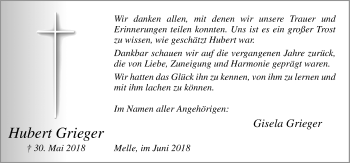 Traueranzeige von Hubert Grieger von Neue Osnabrücker Zeitung GmbH & Co. KG