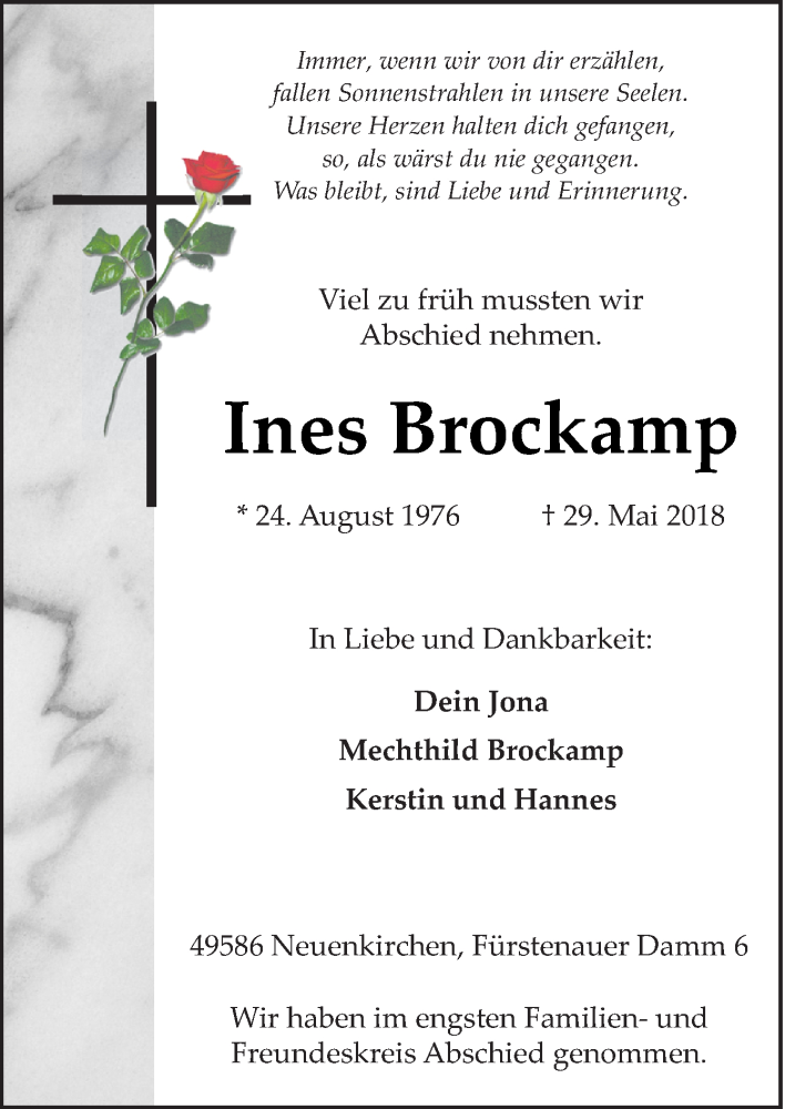  Traueranzeige für Ines Brockamp vom 04.06.2018 aus Neue Osnabrücker Zeitung GmbH & Co. KG