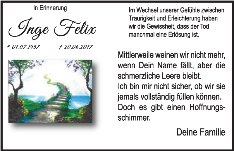  Traueranzeige für Inge Felix vom 20.06.2018 aus Neue Osnabrücker Zeitung GmbH & Co. KG