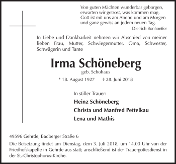 Traueranzeige von Irma Schöneberg von Neue Osnabrücker Zeitung GmbH & Co. KG