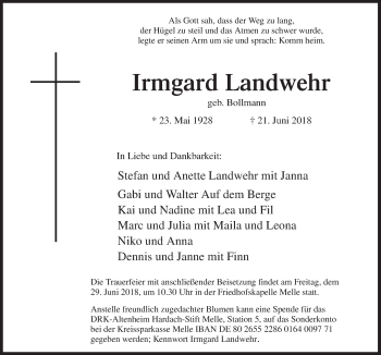 Traueranzeige von Irmgard Landwehr von Neue Osnabrücker Zeitung GmbH & Co. KG