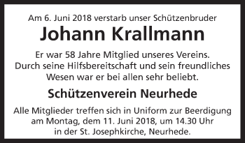 Traueranzeige von Johann Krallmann von Neue Osnabrücker Zeitung GmbH & Co. KG