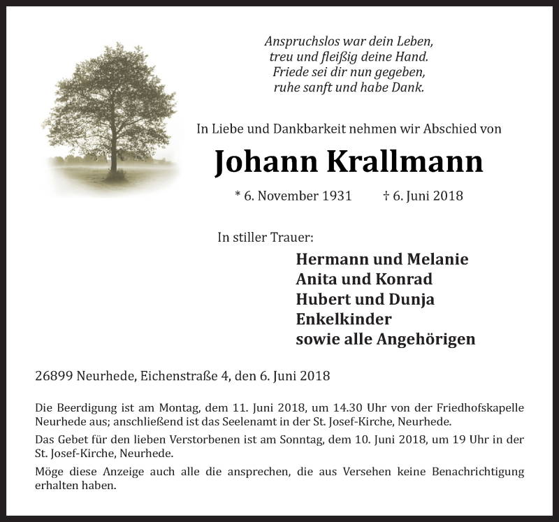  Traueranzeige für Johann Krallmann vom 08.06.2018 aus Neue Osnabrücker Zeitung GmbH & Co. KG