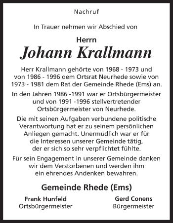 Traueranzeige von Johann Krallmann von Neue Osnabrücker Zeitung GmbH & Co. KG