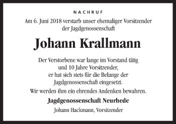 Traueranzeige von Johann Krallmann von Neue Osnabrücker Zeitung GmbH & Co. KG