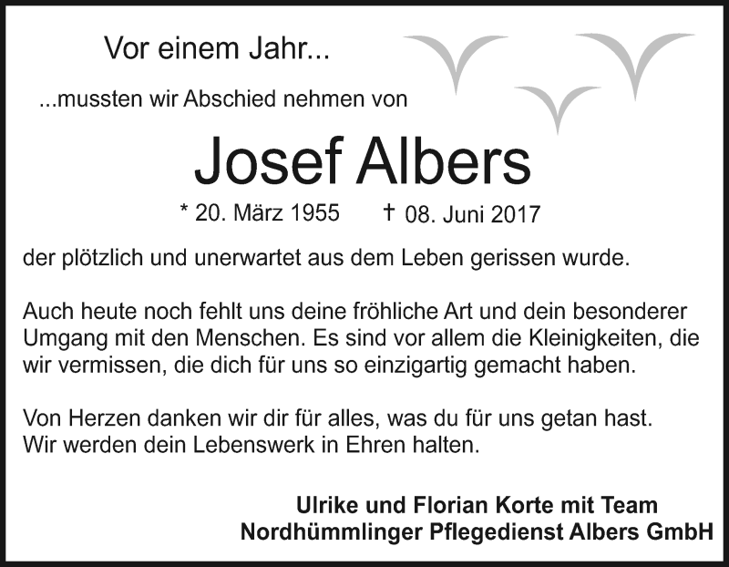  Traueranzeige für Josef Albers vom 08.06.2018 aus Neue Osnabrücker Zeitung GmbH & Co. KG