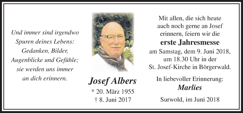  Traueranzeige für Josef Albers vom 06.06.2018 aus Neue Osnabrücker Zeitung GmbH & Co. KG