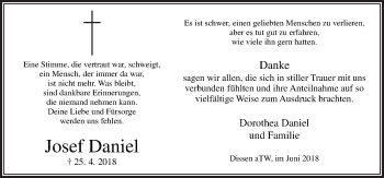 Traueranzeige von Josef Daniel von Neue Osnabrücker Zeitung GmbH & Co. KG