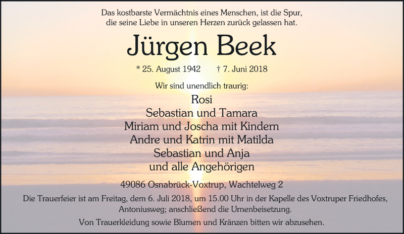  Traueranzeige für Jürgen Beek vom 16.06.2018 aus Neue Osnabrücker Zeitung GmbH & Co. KG