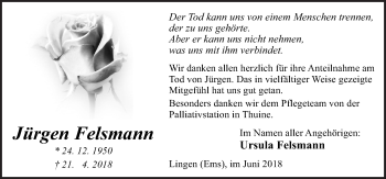 Traueranzeige von Jürgen Felsmann von Neue Osnabrücker Zeitung GmbH & Co. KG