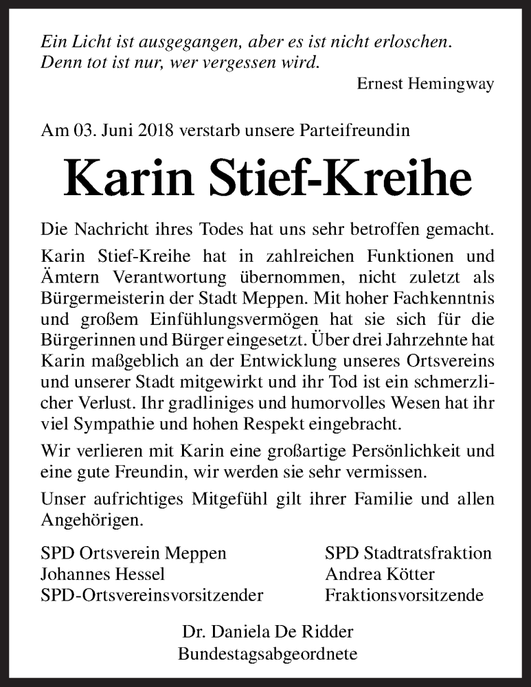  Traueranzeige für Karin Stief-Kreihe vom 11.06.2018 aus Neue Osnabrücker Zeitung GmbH & Co. KG