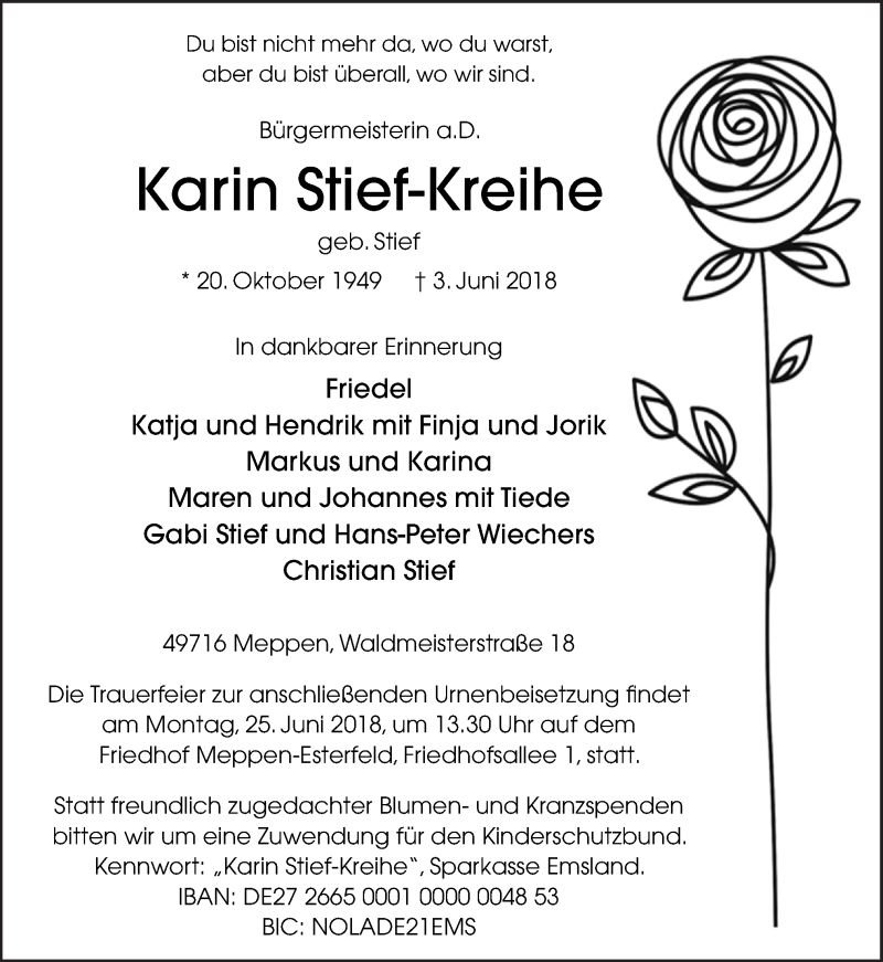  Traueranzeige für Karin Stief-Kreihe vom 09.06.2018 aus Neue Osnabrücker Zeitung GmbH & Co. KG