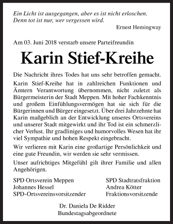 Traueranzeige von Karin Stief-Kreihe von Neue Osnabrücker Zeitung GmbH & Co. KG