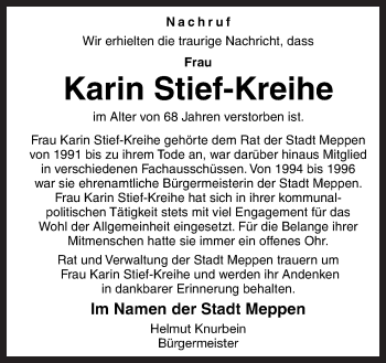 Traueranzeige von Karin Stief-Kreihe von Neue Osnabrücker Zeitung GmbH & Co. KG