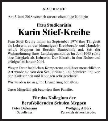 Traueranzeige von Karin Stief-Kreihe von Neue Osnabrücker Zeitung GmbH & Co. KG