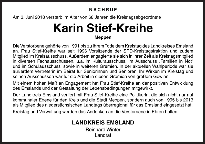  Traueranzeige für Karin Stief-Kreihe vom 11.06.2018 aus Neue Osnabrücker Zeitung GmbH & Co. KG