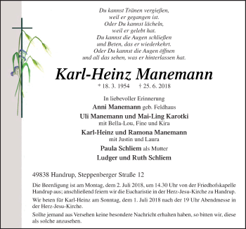 Traueranzeige von Karl-Heinz Manemann von Neue Osnabrücker Zeitung GmbH & Co. KG