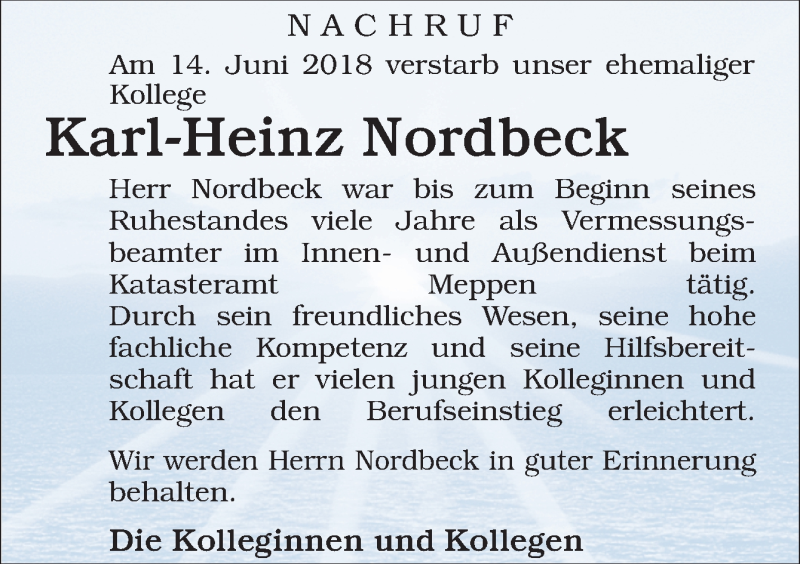  Traueranzeige für Karl-Heinz Nordbeck vom 27.06.2018 aus Neue Osnabrücker Zeitung GmbH & Co. KG