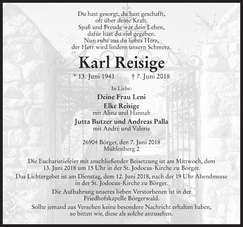  Traueranzeige für Karl Reisige vom 11.06.2018 aus Neue Osnabrücker Zeitung GmbH & Co. KG