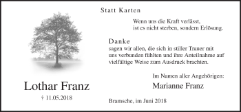 Traueranzeige von Lothar Franz von Neue Osnabrücker Zeitung GmbH & Co. KG