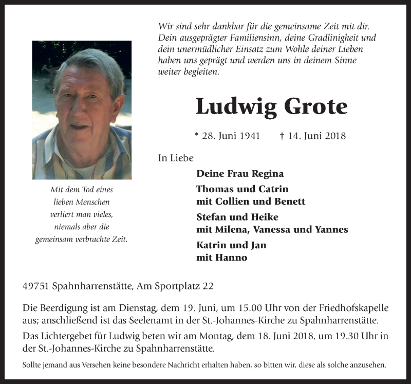  Traueranzeige für Ludwig Grote vom 16.06.2018 aus Neue Osnabrücker Zeitung GmbH & Co. KG