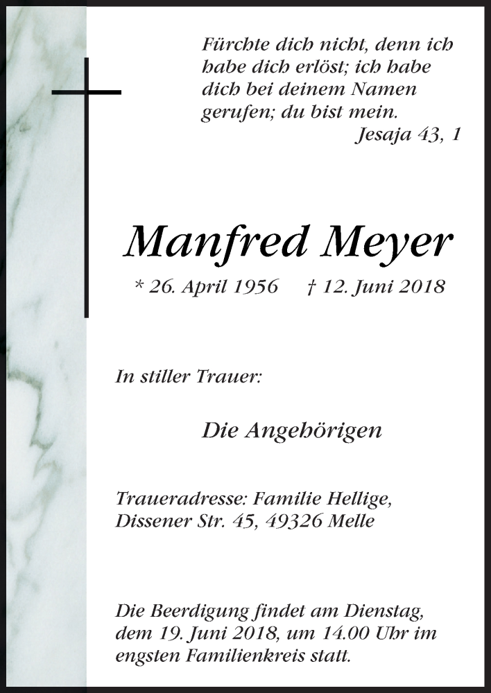  Traueranzeige für Manfred Meyer vom 18.06.2018 aus Neue Osnabrücker Zeitung GmbH & Co. KG