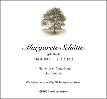 Traueranzeige von Margarete Schütte von Neue Osnabrücker Zeitung GmbH & Co. KG