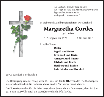 Traueranzeige von Margaretha Cordes von Neue Osnabrücker Zeitung GmbH & Co. KG